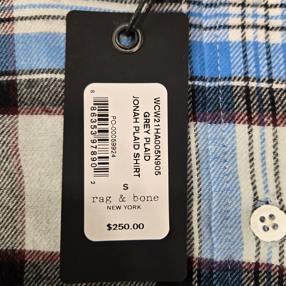 Rag & Bone Jonah Plaid Button Down Shirt Grey Blue Check Size Small $250 NWT - Picture 6 of 13